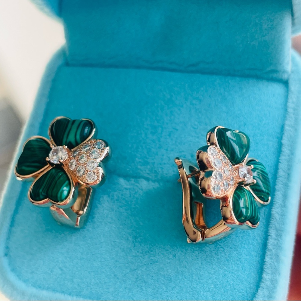 VCA Four Petal Pin Earrings Green Malachite Clear Crystals Rose gold